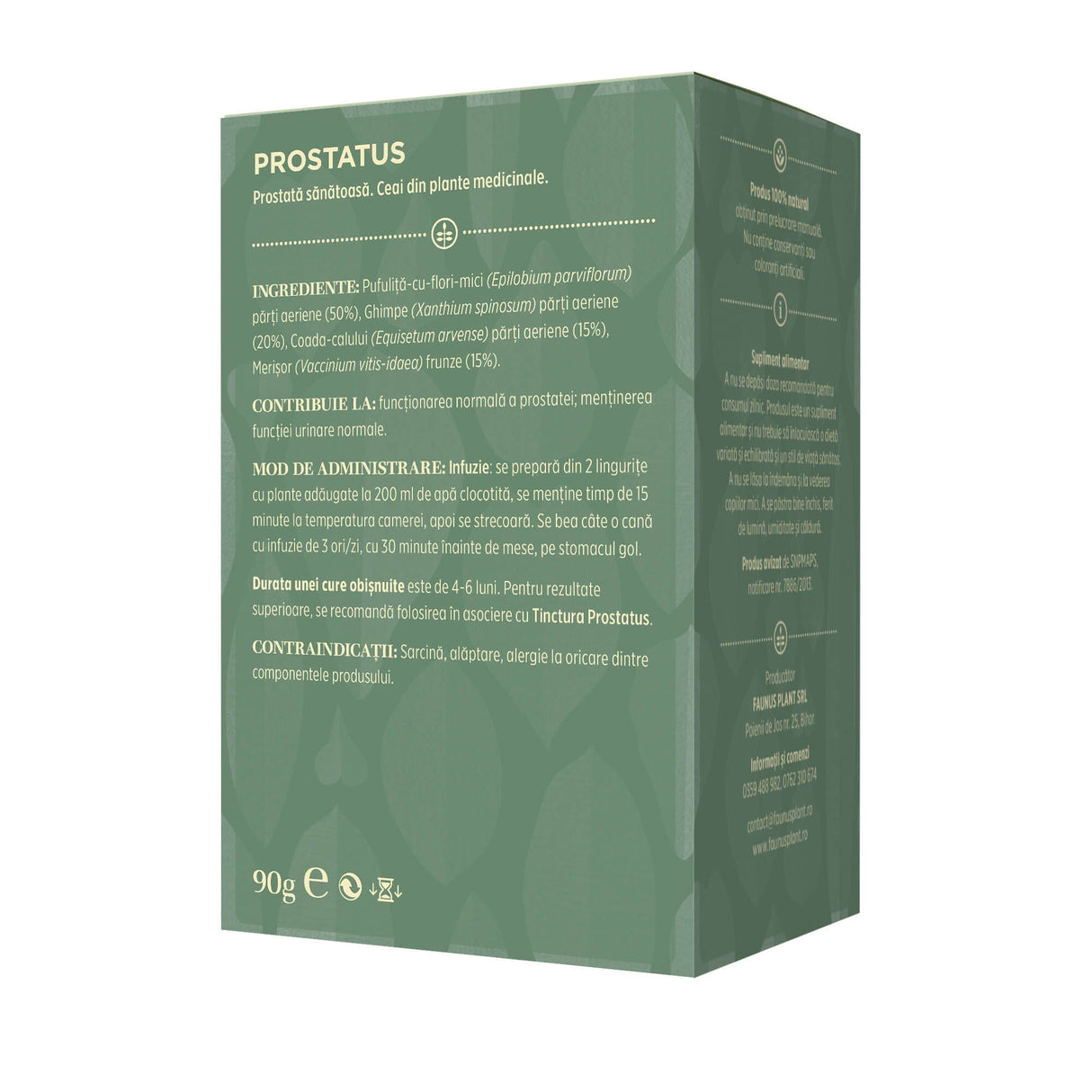 Cutie de Ceai Prostatus de la Faunus Plant, vedere din spate. Informații despre ingrediente, mod de administrare și contraindicații. Ingrediente: pufuliță-cu-flori-mici (Epilobium parviflorum) părți aeriene (50%), ghimpe (Xanthium spinosum) părți aeriene (20%), coada-calului (Equisetum arvense) părți aeriene (15%), merișor (Vaccinium vitis-idaea) frunze (15%).