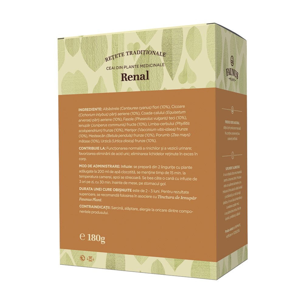 Spatele ambalajului Ceaiului Renal de la Faunus Plant, afișând lista ingredientelor detaliată: Albăstrele flori (10%), Cicoare părți aeriene (10%), Coada-calului părți aeriene (10%), Fasole teci (10%), Ienupăr fructe (10%), Limba-cerbului frunze (10%), Merișor frunze (10%), Mesteacăn frunze (10%), Porumb mătase (10%), Urzică frunze (10%). Textul include și instrucțiuni de administrare, contraindicații și durata unei cure obișnuite.