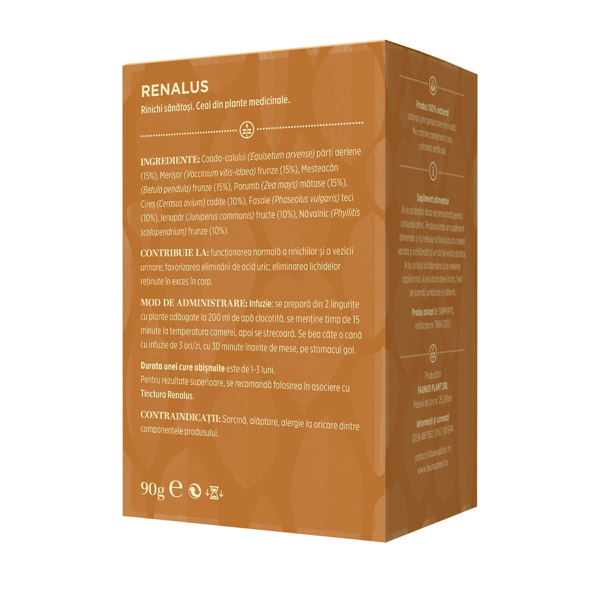 Cutie de Ceai Renalus de la Faunus Plant, vedere din spate, prezentând detalii despre ingrediente, mod de administrare și contraindicații. Conține ingrediente precum Coada-calului (15%), Merișor (15%), Mesteacăn (15%), Mătase de porumb (15%), Cozi de cireș (10%), Fasole (10%), Ienupăr (10%) și Năvalnic (10%).