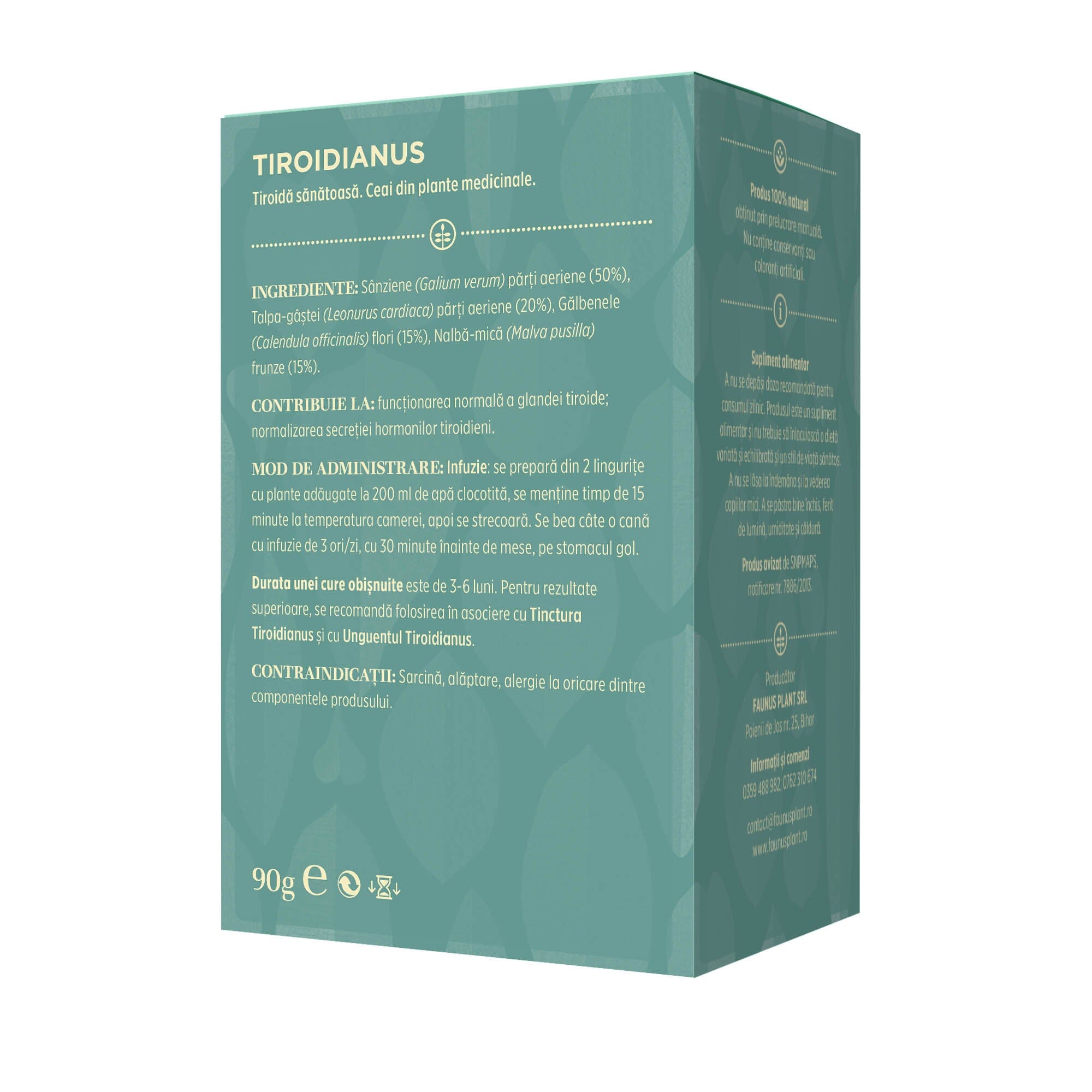 Cutie de Ceai Tiroidianus de la Faunus Plant, vedere din spate, cu detalii despre compoziție, certificări și recomandări pe partea laterală a ambalajului.