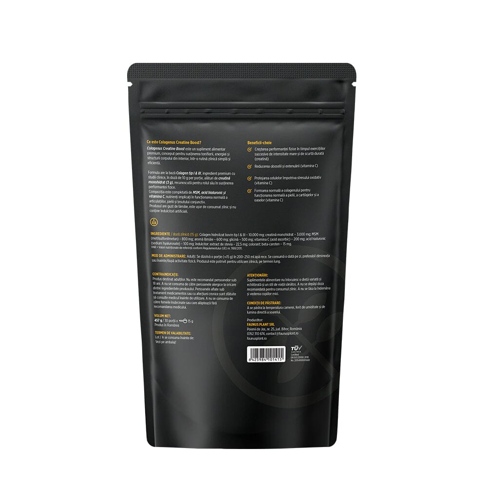 Colagenus Creatine Boost – Colagen pudră cu acid hialuronic și creatină. Colagen tip 1 și 3 pentru masa musculară, articulații sănătoase și piele hidratată. Pudră 450g Pudra Faunus Plant