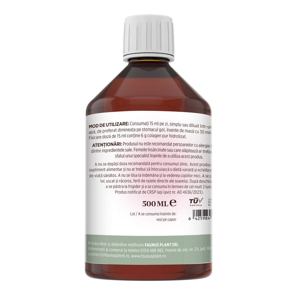 Flacon de Colagenus 500ml de la Faunus Plant, poziționat din lateral stânga, cu mod de utilizare și atenționări vizibile pe etichetă