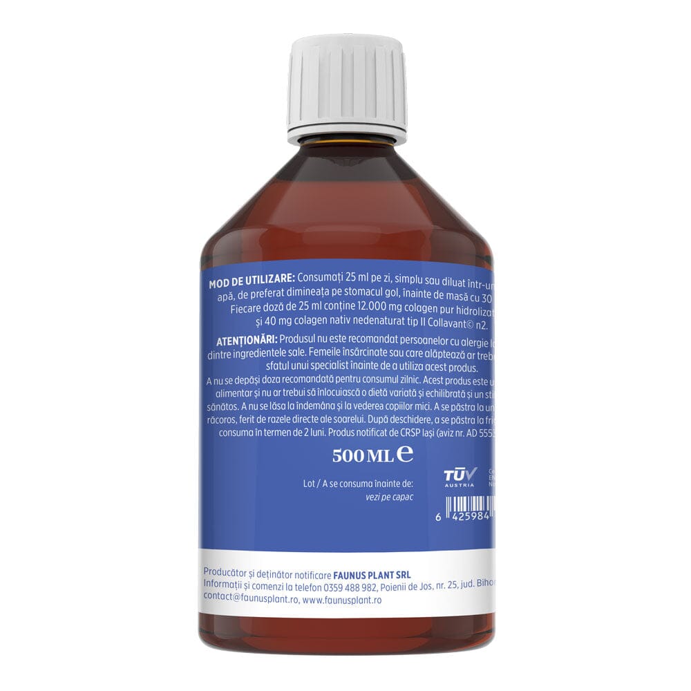 Colagenus Articulații Forte de la Faunus Plant pe fundal alb, din lateral dreapta. Etichetă vizibilă cu mod de utilizare și atenționări, cantitate, cod de bare și logo certificare TUV Austria.