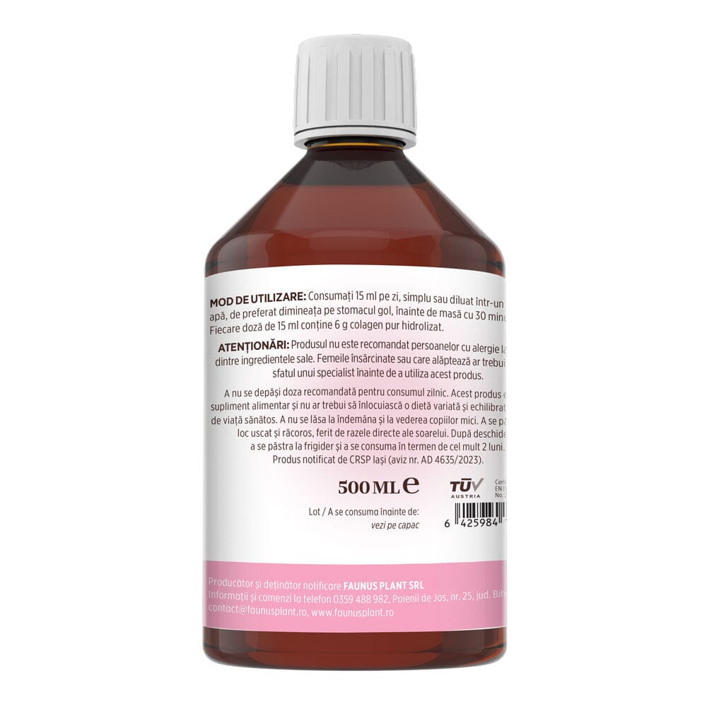 Colagenus Frumusețe de la Faunus Plant pe fundal alb, pozat din lateral dreapta. Etichetă vizibilă cu text referitor la mod de utilizare, atenționări. Sunt vizibile cantitatea de 500ml, cod de bare, logo certificare TUV Austria și date despre producător.
