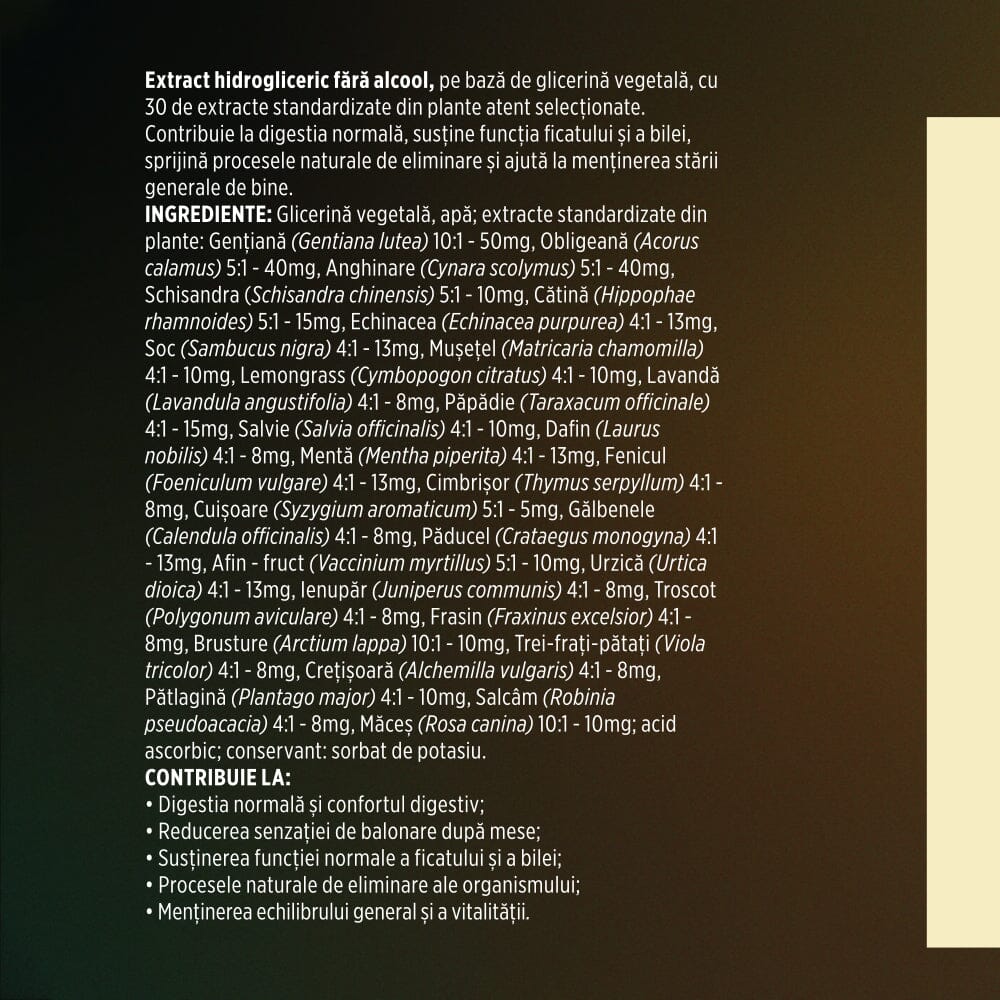 Pachet Bitter 30 Plante fără alcool – Detoxifiere naturală completă, susținerea digestiei, reglarea tranzitului și întărirea imunității cu extracte concentrate din plante Pachet Faunus Plant