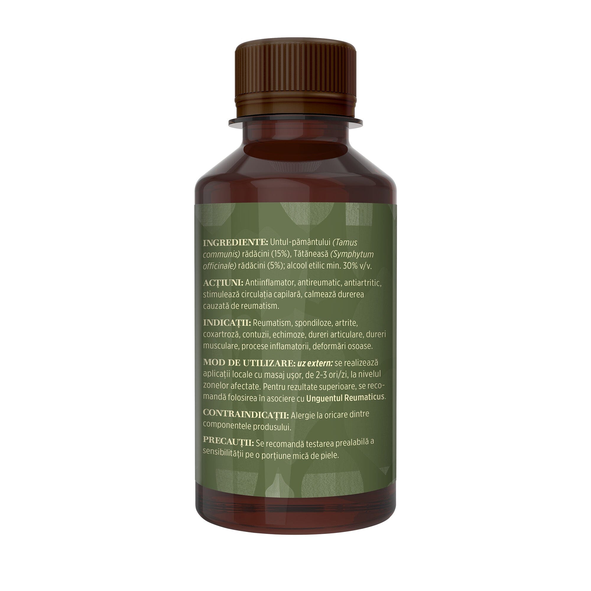 Imagine laterală stânga a flaconului de Loțiune Reumaticus 200 ml de la Faunus Plant care include informații despre producător și certificarea produsului conform standardelor TUV Austria.