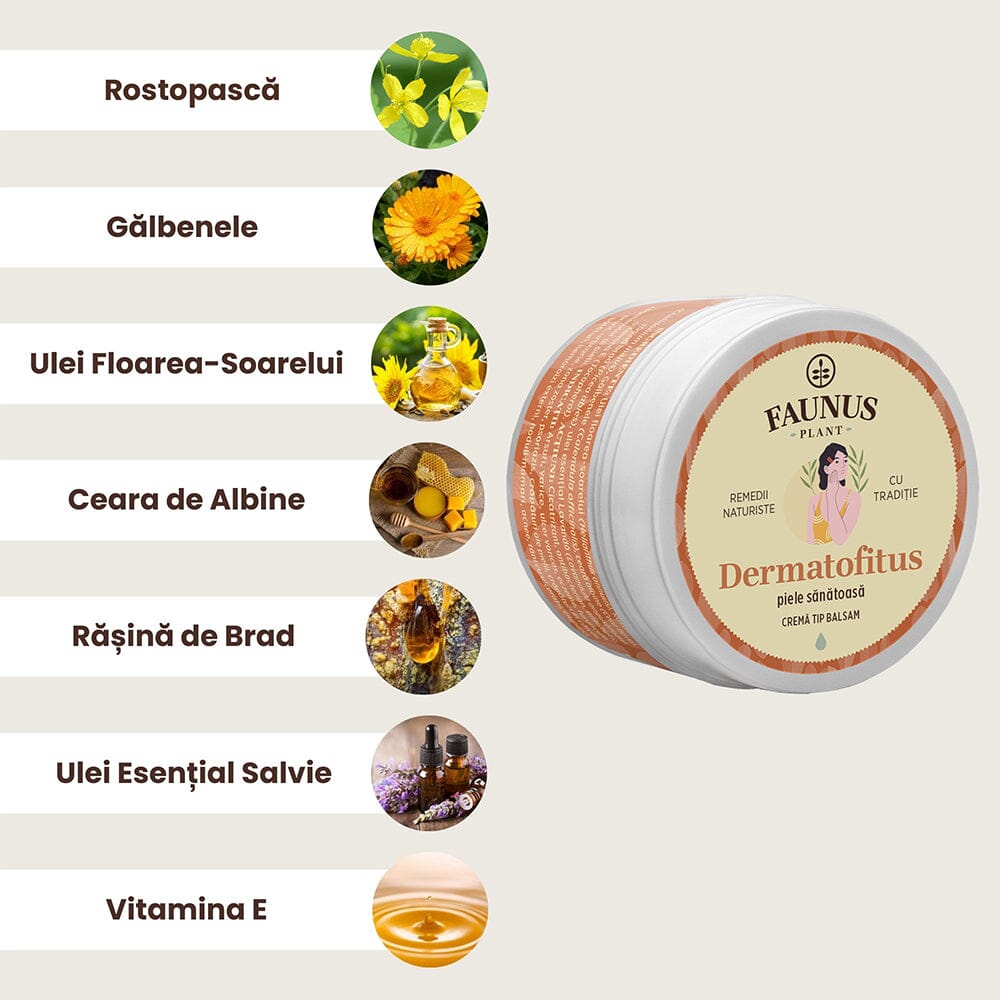 Dermatofitus - Cremă tip balsam 50ml. Extract din plante medicinale cu ceară de albine și rășină de brad pentru piele, cu efect cicatrizant Unguent Faunus Plant