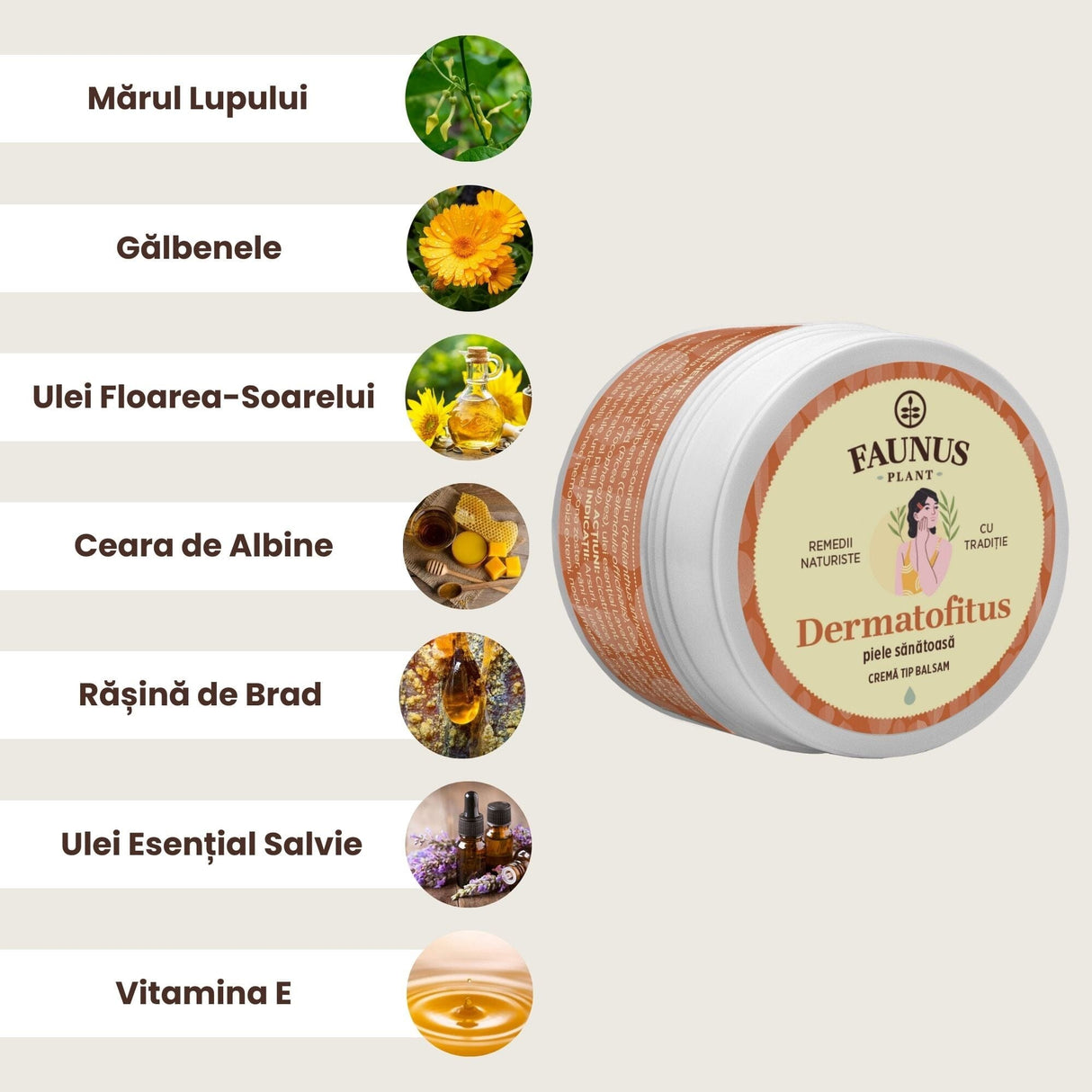 Imagine reprezentativă pentru ingredientele produsului Unguent Dermatofitus. Ingrediente principale: Ulei floarea-soarelui (Helianthus annuus), Mărul lupului (Aristolochia clematitis), Gălbenele (Calendula officinalis), Ceară albine (Cera flava), Rășină brad (Picea abies), Ulei esențial Lavandă (Lavandula angustifolia), Vitamina E (Tocopherol).