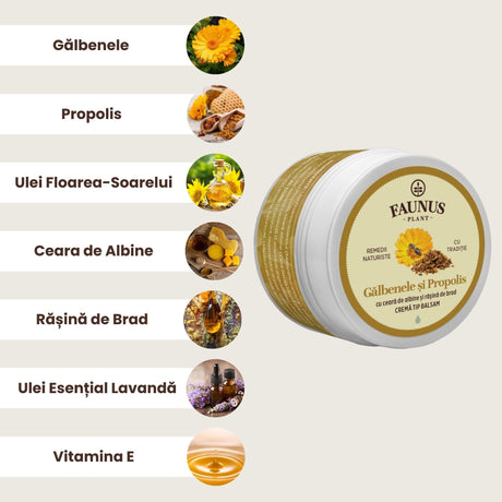 Imagine grafică evidențiind ingrediente: Gălbenele, Propolis, Ulei Floarea-Soarelui, Ceară de Albine, Rășină de Brad, Ulei Esențial Lavandă, Vitamina E. Procentele ingredientelor nu sunt indicate.