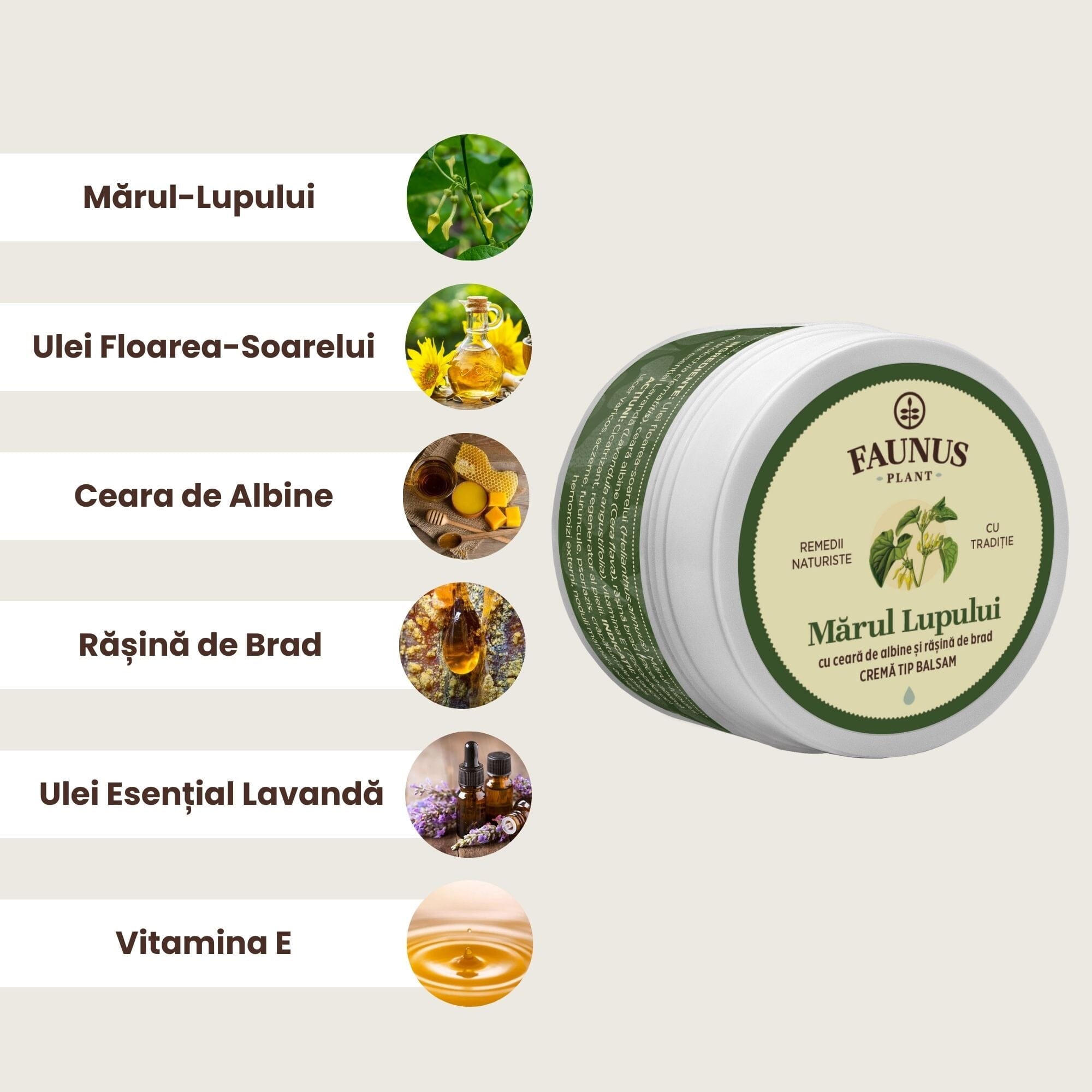 Imagine grafică cu ingredientele principale ale Unguentului Mărul Lupului 50 ml de la Faunus Plant, incluzând Mărul-Lupului, Ulei Floarea-Soarelui, Ceară de albine, Rășină de brad, Ulei esențial de lavandă, respectiv Vitamina E.