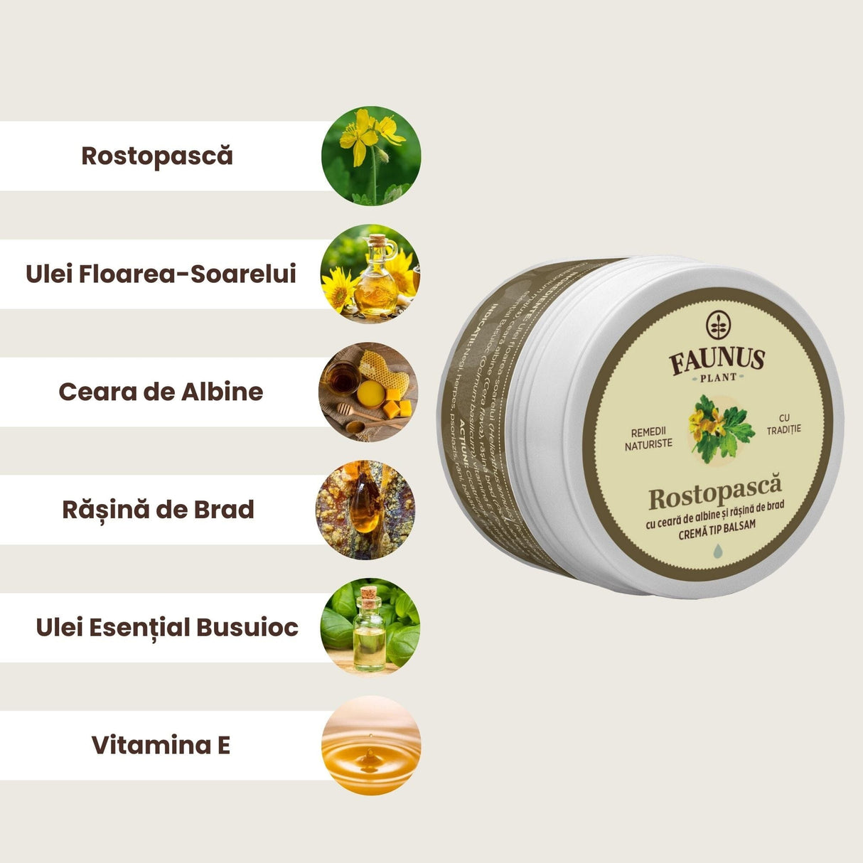 Imagine grafică cu ingredientele principale ale Unguentului Rostopască 50 ml de la Faunus Plant, incluzând Rostopască, Ulei Floarea- Soarelui, Ceară de albine, Rășină de brad, Ulei esențial busuioc, respectiv Vitamina E.