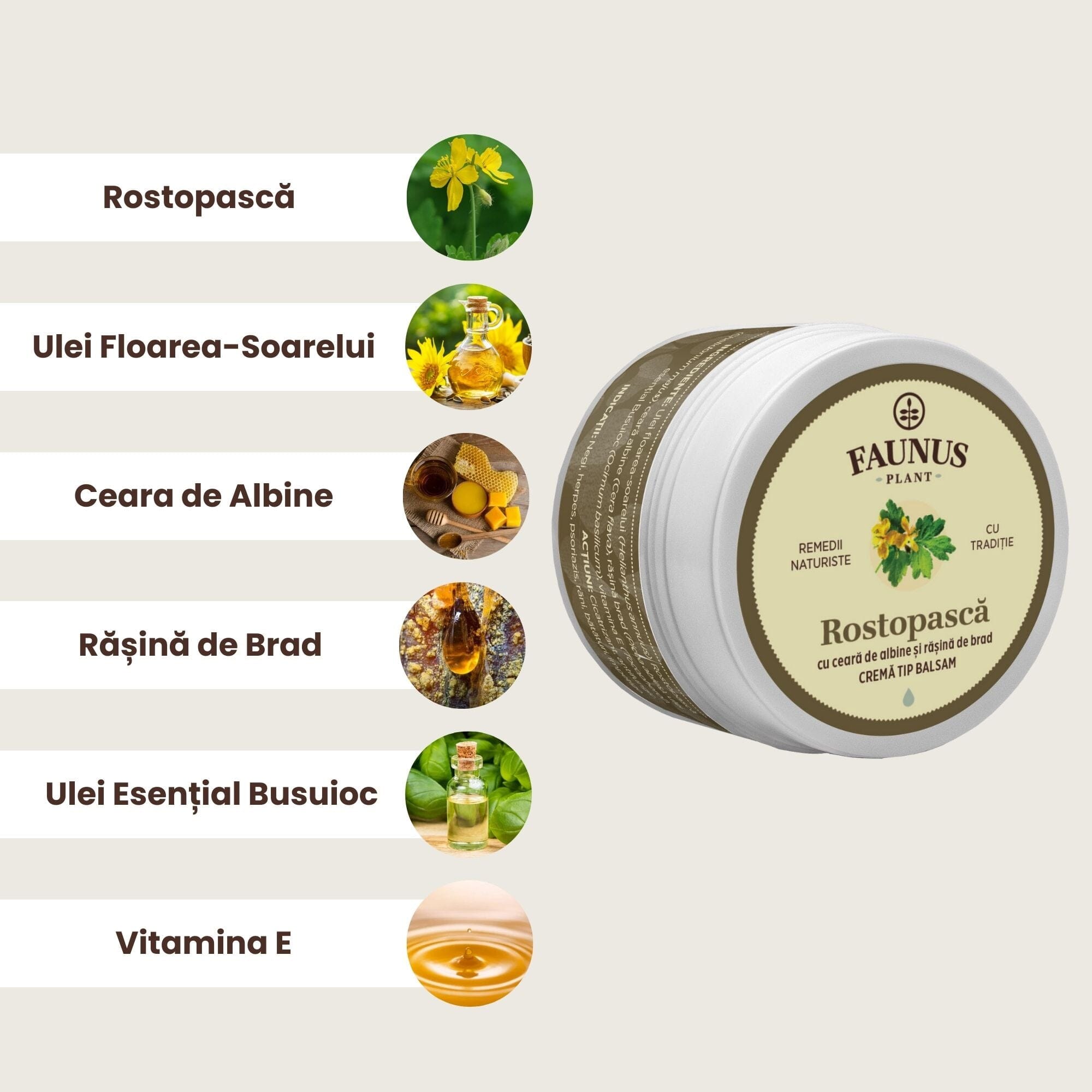 Imagine grafică cu ingredientele principale ale Unguentului Rostopască 50 ml de la Faunus Plant, incluzând Rostopască, Ulei Floarea- Soarelui, Ceară de albine, Rășină de brad, Ulei esențial busuioc, respectiv Vitamina E.