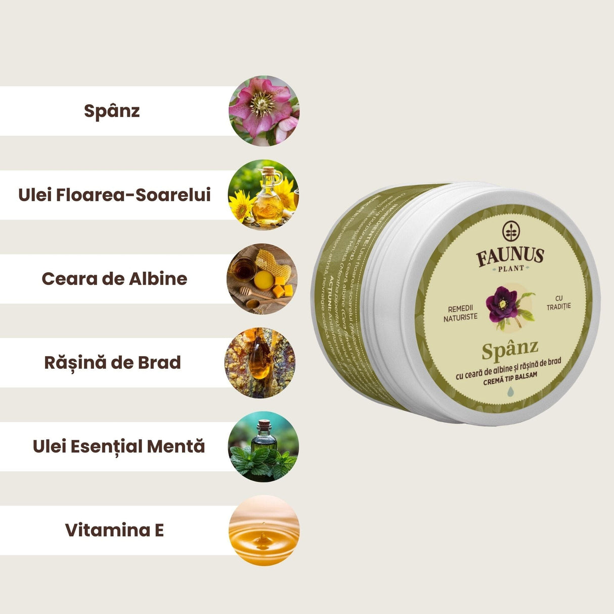 Imagine grafică cu ingredientele principale ale Unguentului Spânz 50 ml de la Faunus Plant, incluzând spânzul, ulei Floarea- Soarelui, Ceară de albine, Rășină de brad, Ulei esențial de mentă, respectiv Vitamina E.