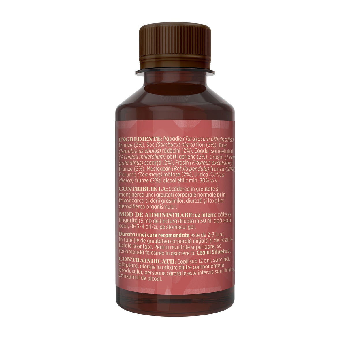 Flaconul tincturii Siluetus de 200 ml, fotografiat din lateral stânga, cu detalii despre ingrediente, proprietăți, mod de utilizare, contraindicații și precauții.