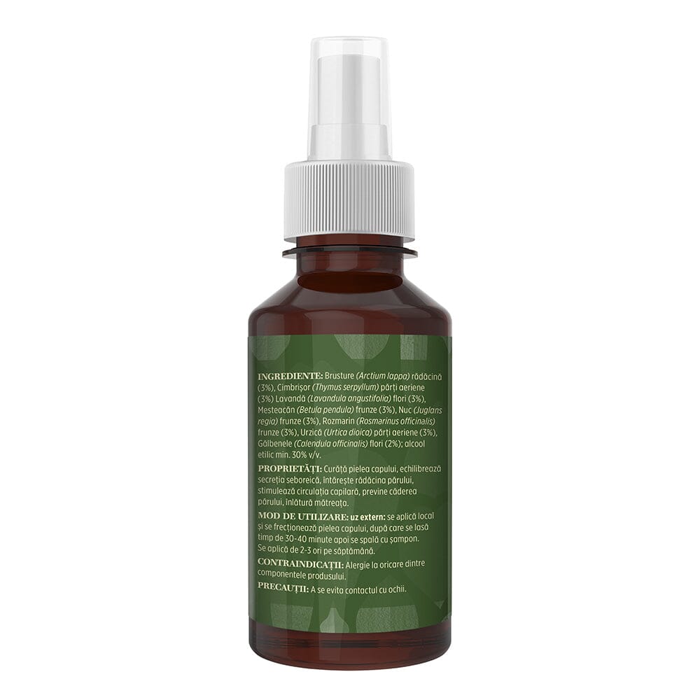 Flaconul loțiunii Capilarus de 200 ml cu pulverizator din lateral stânga, cu detalii despre ingrediente, proprietăți, mod de utilizare, contraindicații și precauții.