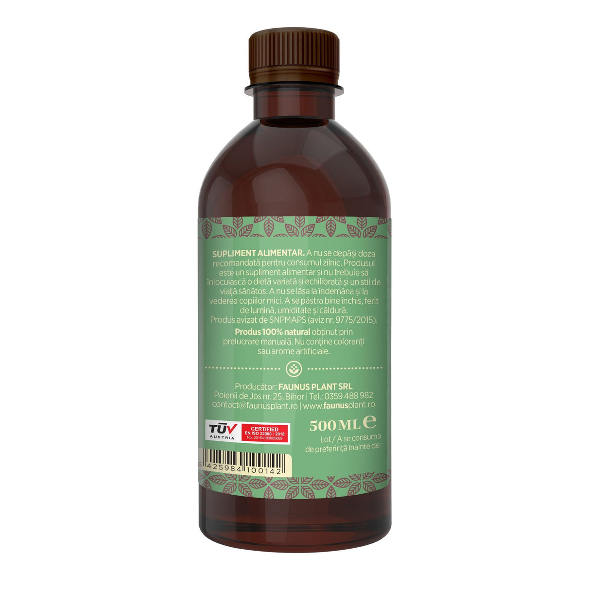 Flacon Sirop Echinacea de 500 ml fotografiat din dreapta, cu eticheta care subliniază atât modul de administrare alături de precauții și atenționări, cât și cod de bare, logo TUV Austria și spațiul pentru data expirării.