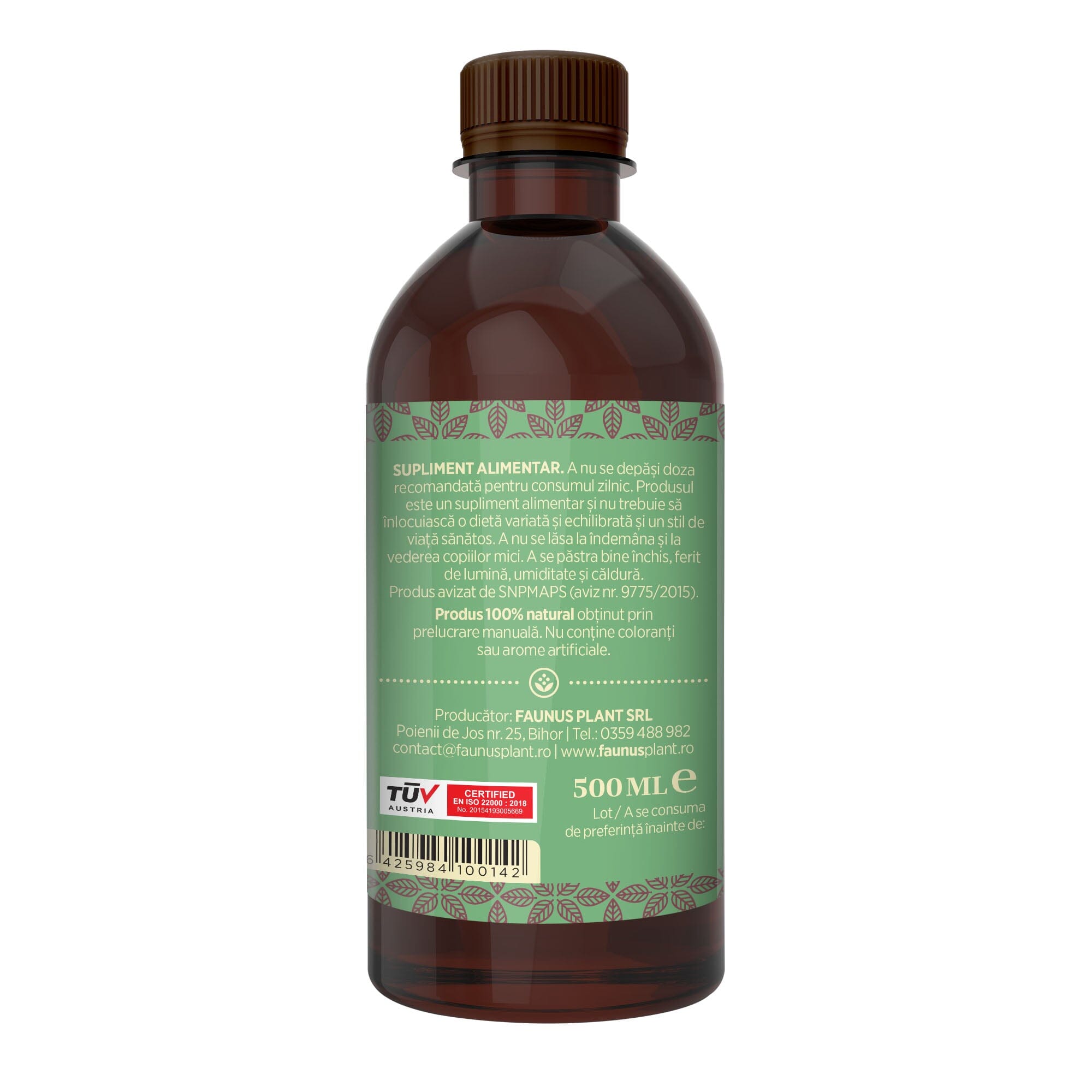 Flacon Sirop Echinacea de 500 ml fotografiat din dreapta, cu eticheta care subliniază atât modul de administrare alături de precauții și atenționări, cât și cod de bare, logo TUV Austria și spațiul pentru data expirării.