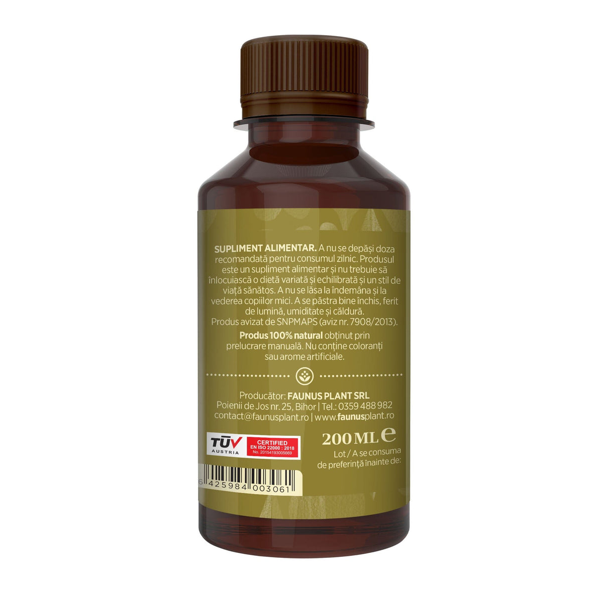 Flacon Tinctură Brânca Ursului 200 ml de la Faunus Plant pozat din lateral dreapta. Etichetă vizibilă cu date despre modul de administrare alături de precauții și atenționări, cât și codul de bare, logo TUV Austria și data expirării.