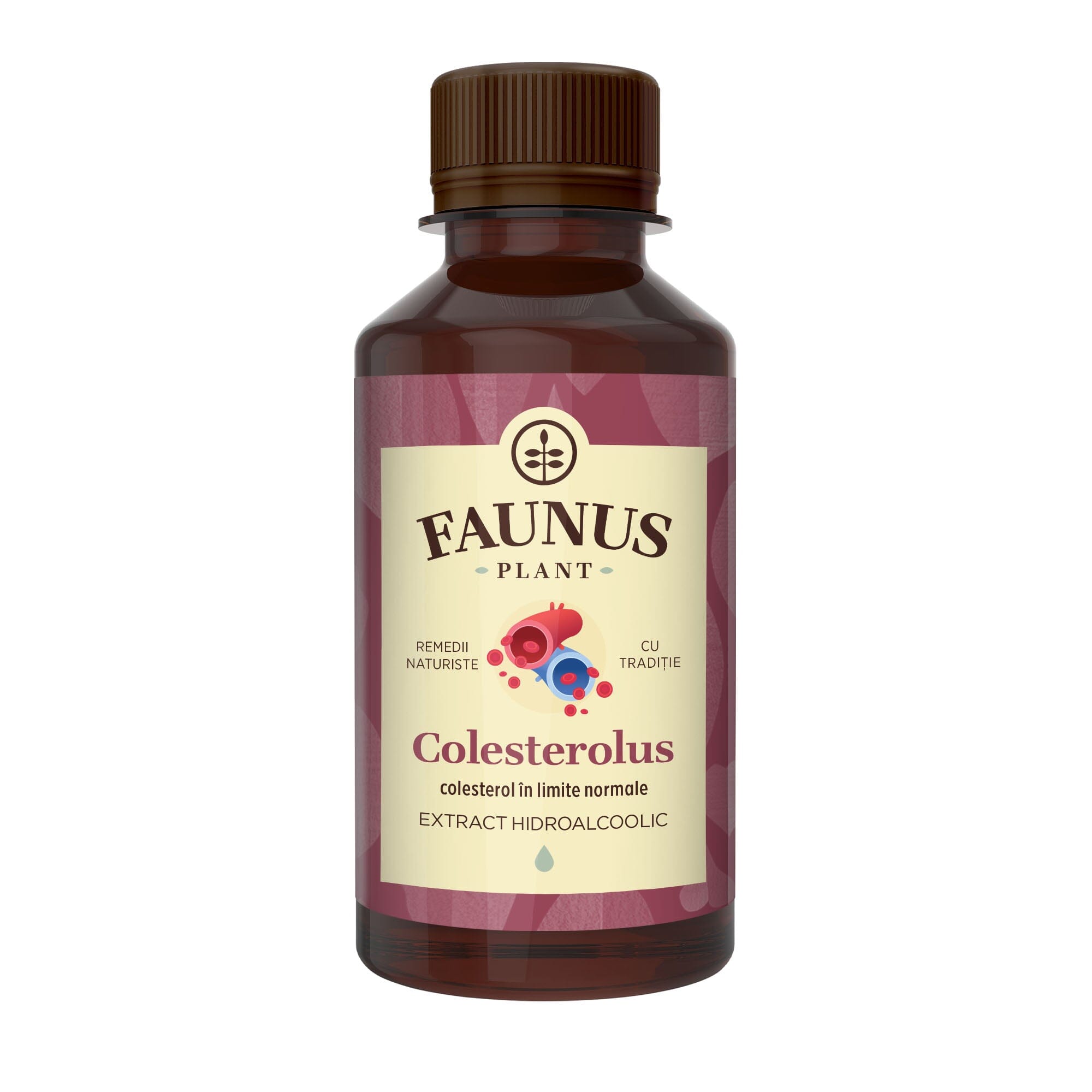 Flaconul de tinctură Colesterolus 200ml de la Faunus Plant, cu etichetă detaliată în nuanțe de maro și logo-ul Faunus Plant, destinat reducerii colesterolului în mod natural.