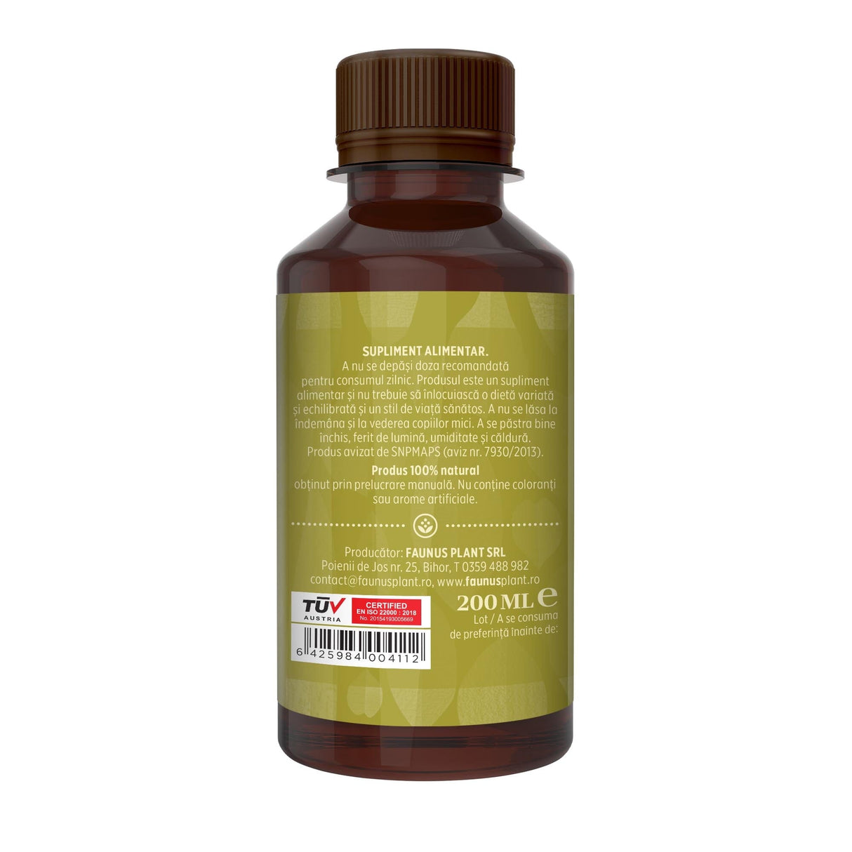 Flacon Tinctură Detoxifius 200 ml de la Faunus Plant pozat din lateral dreapta. Etichetă vizibilă cu date despre modul de administrare alături de precauții și atenționări, cât și codul de bare, logo TUV Austria și data expirării.