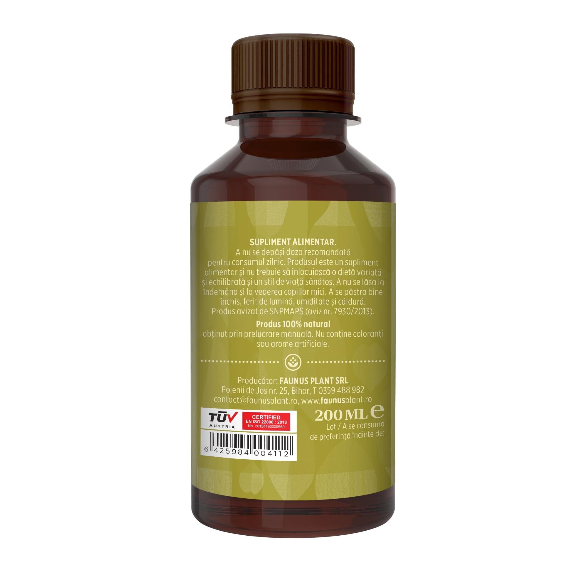 Flacon Tinctură Detoxifius 200 ml de la Faunus Plant pozat din lateral dreapta. Etichetă vizibilă cu date despre modul de administrare alături de precauții și atenționări, cât și codul de bare, logo TUV Austria și data expirării.
