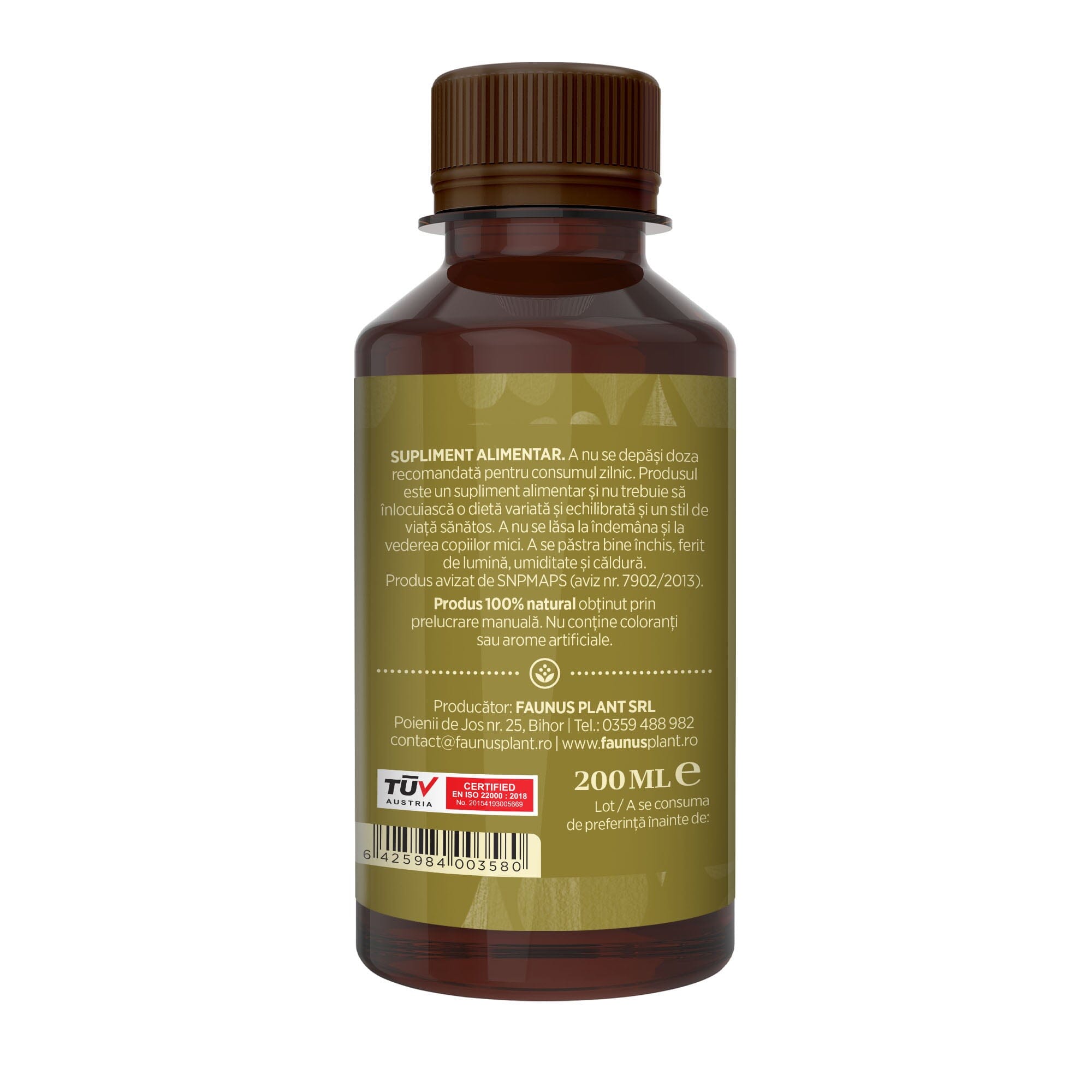 Flacon Tinctură Echinacea 200 ml de la Faunus Plant pozat din lateral dreapta. Etichetă vizibilă cu date despre modul de administrare alături de precauții și atenționări, cât și codul de bare, logo TUV Austria și data expirării.