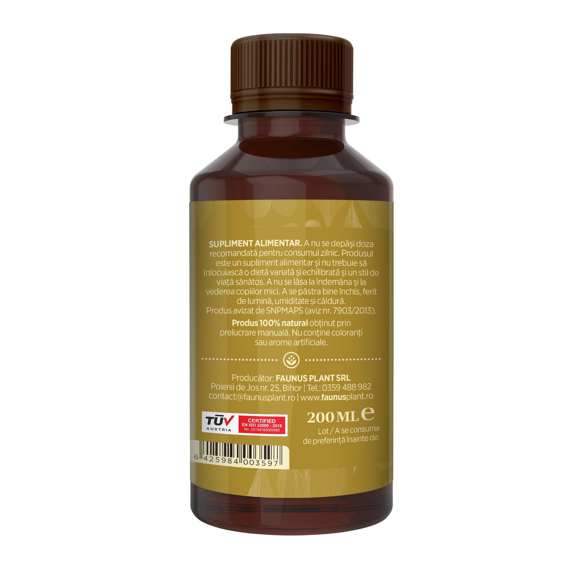 Flacon Tinctură Gălbenele 200 ml de la Faunus Plant pozat din lateral dreapta. Etichetă vizibilă cu date despre modul de administrare alături de precauții și atenționări, cât și codul de bare, logo TUV Austria și data expirării.