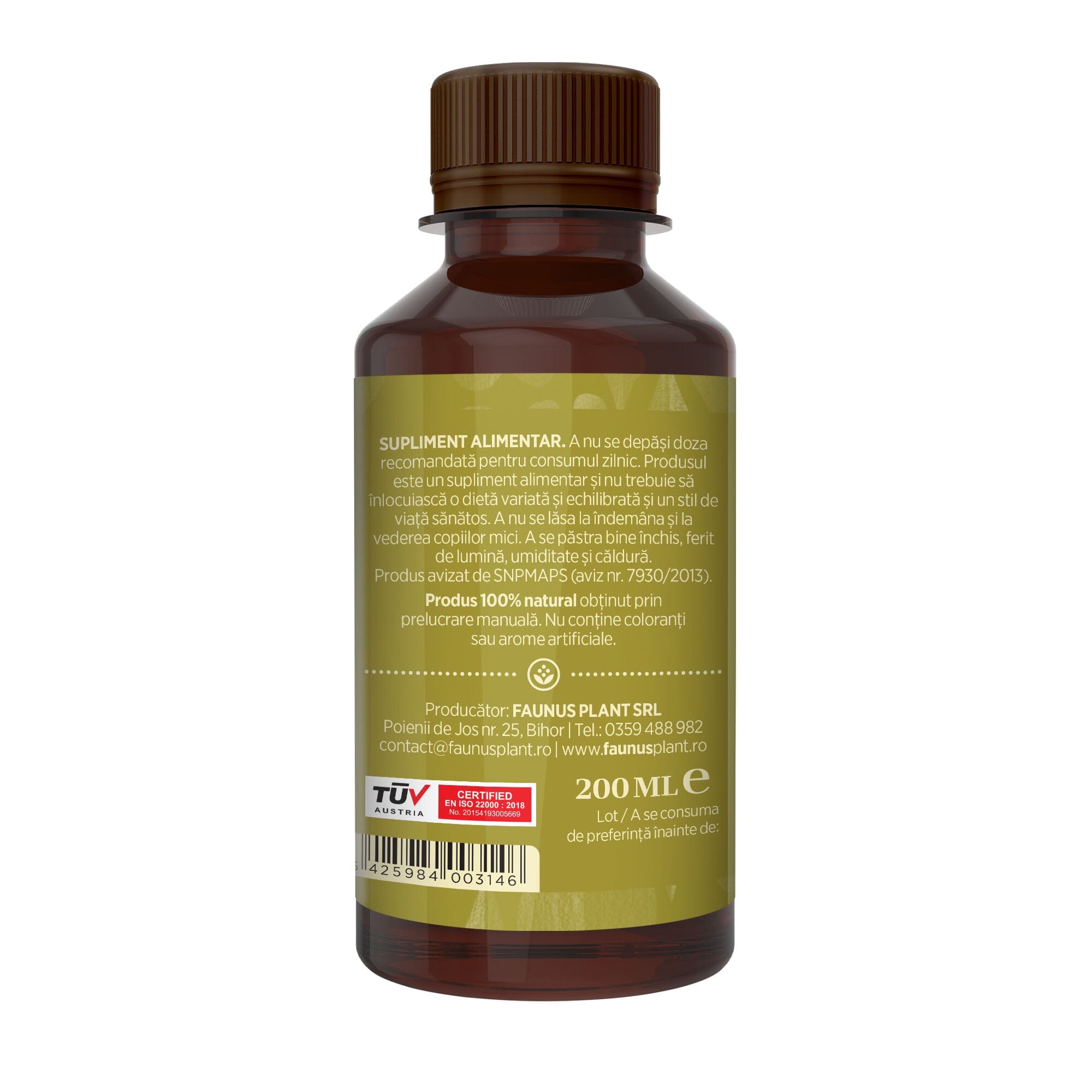 Flacon Tinctură Ghințura 200 ml de la Faunus Plant pozat din lateral dreapta. Etichetă vizibilă cu date despre modul de administrare alături de precauții și atenționări, cât și codul de bare, logo TUV Austria și data expirării.