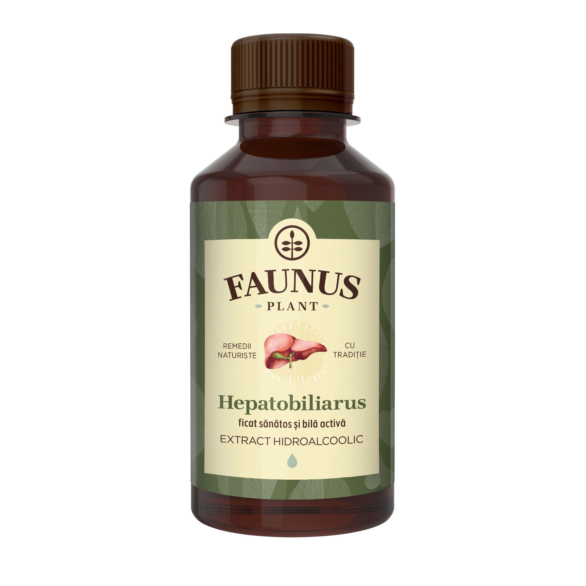 Flaconul de tinctură Hepatobiliarus 200ml de la Faunus Plant, cu extract hidroalcoolic pentru susținerea sănătății ficatului și a funcției biliare. Etichetă cu design verde și ilustrația unui ficat sănătos.