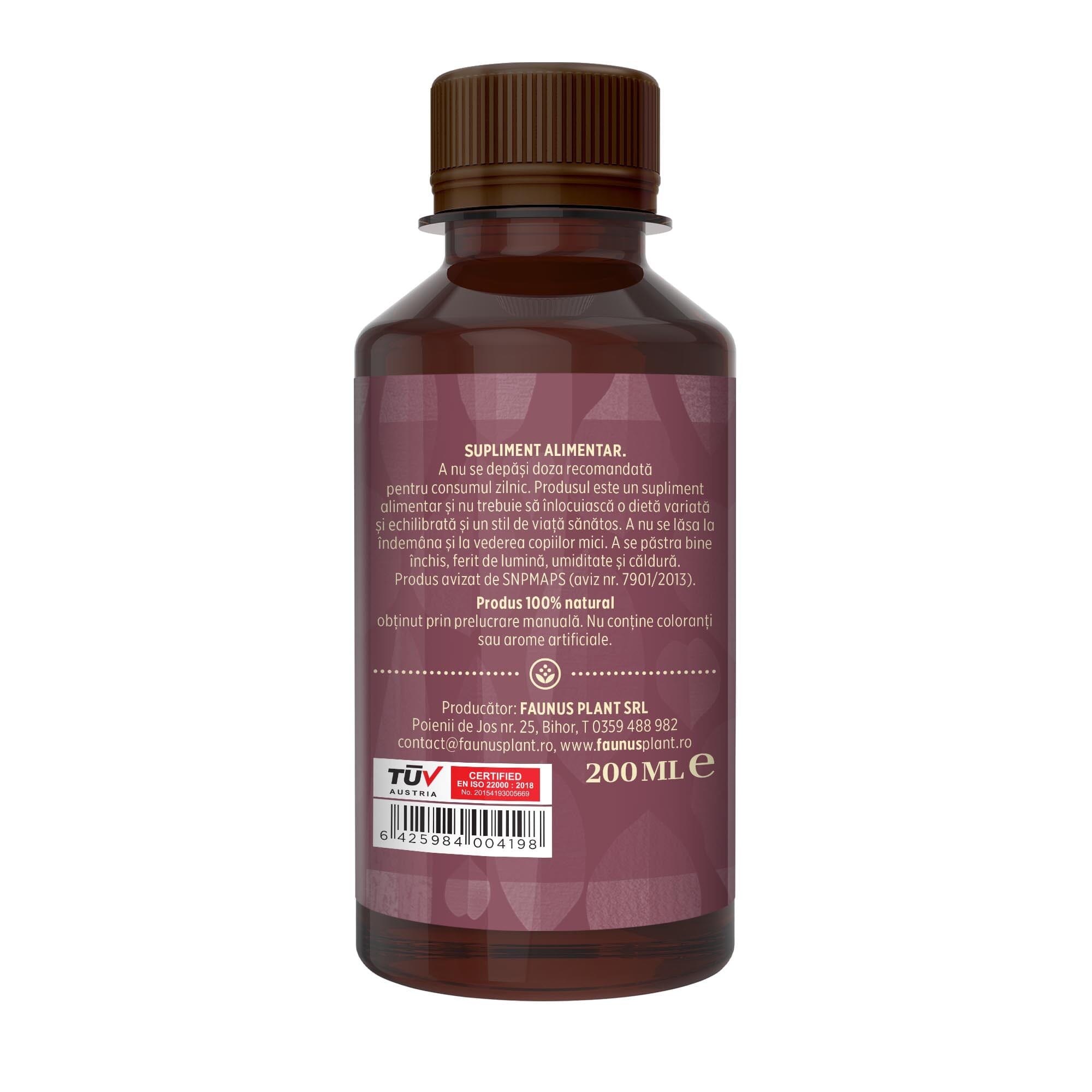 Flacon Tinctură Nervocalmus 200 ml de la Faunus Plant pozat din lateral dreapta. Etichetă vizibilă cu date despre modul de administrare alături de precauții și atenționări, cât și codul de bare, logo TUV Austria și data expirării.