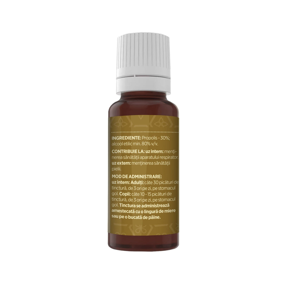 Flacon Tinctură Propolis 20 ml de la Faunus Plant pozat din lateral dreapta. Etichetă vizibilă cu date despre modul de administrare alături de precauții și atenționări, cât și codul de bare, logo TUV Austria și data expirării.