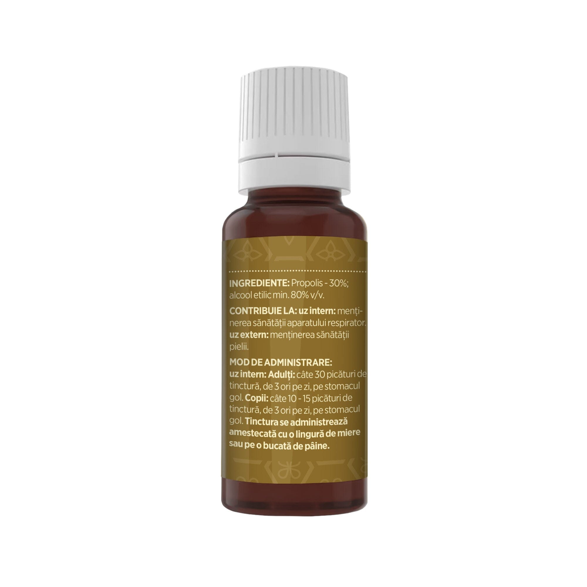Flacon Tinctură Propolis 20 ml de la Faunus Plant pozat din lateral dreapta. Etichetă vizibilă cu date despre modul de administrare alături de precauții și atenționări, cât și codul de bare, logo TUV Austria și data expirării.