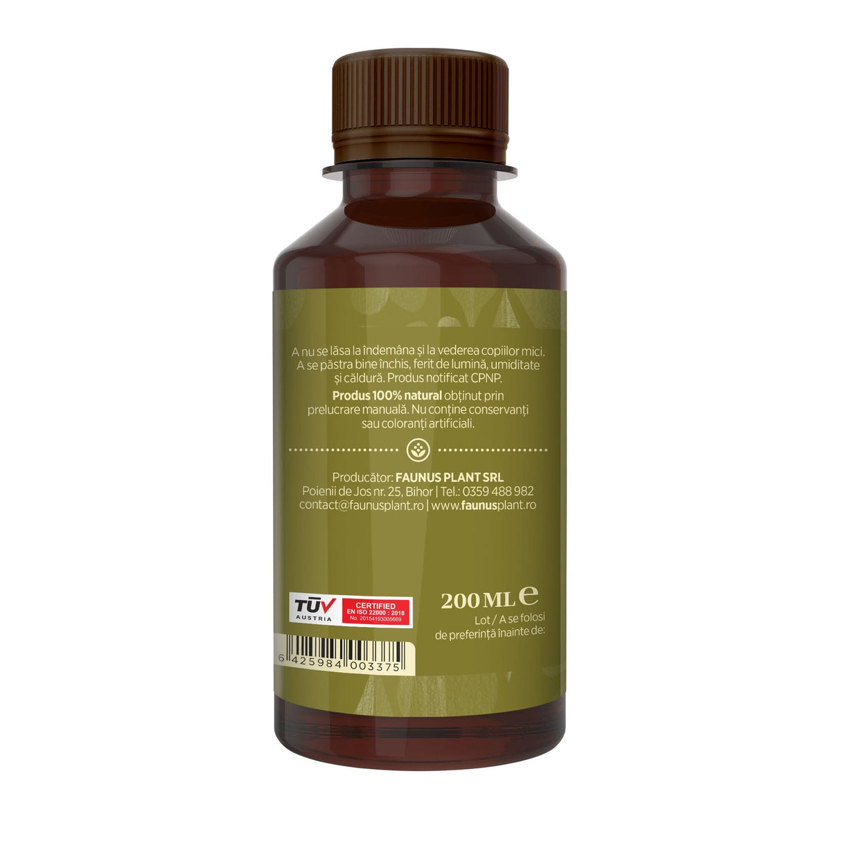 Flaconul tincturii Spânz de 200 ml fotografiat din lateral dreapta, evidențiind informațiile de păstrare, producătorul, cod de bare, logo certificare TUV Austria și data expirării.