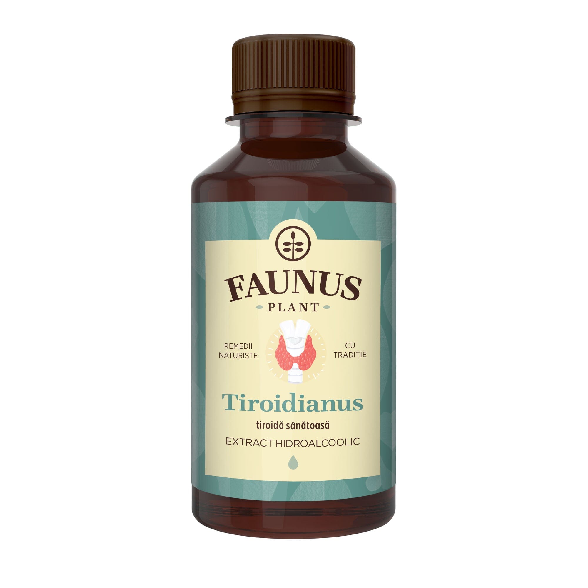 Flacon Tinctură Tiroidianus de 200ml de la Faunus Plantcu capac maro, etichetă cu detalii despre echilibrul hormonal și sănătatea glandei tiroide, produs natural.