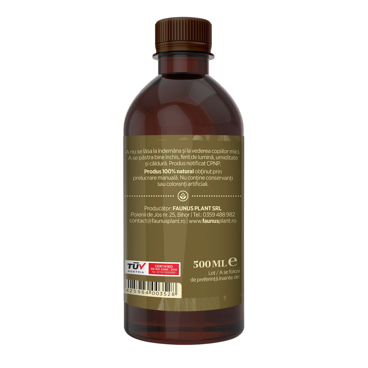 Flaconul tincturii Untul Pământului de 500 ml fotografiat din lateral dreapta, evidențiind informațiile de păstrare, producătorul, cod de bare, logo certificare TUV Austria și data expirării. | Cantitate - 500ml