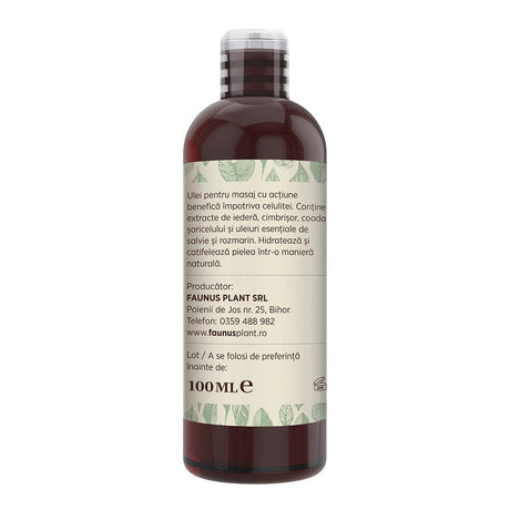 Flacon Ulei de Masaj Anticelulitic 100ml Faunus Plant, vedere laterală dreapta, cu eticheta ce afișează informații despre producător, adresă, telefon și website.