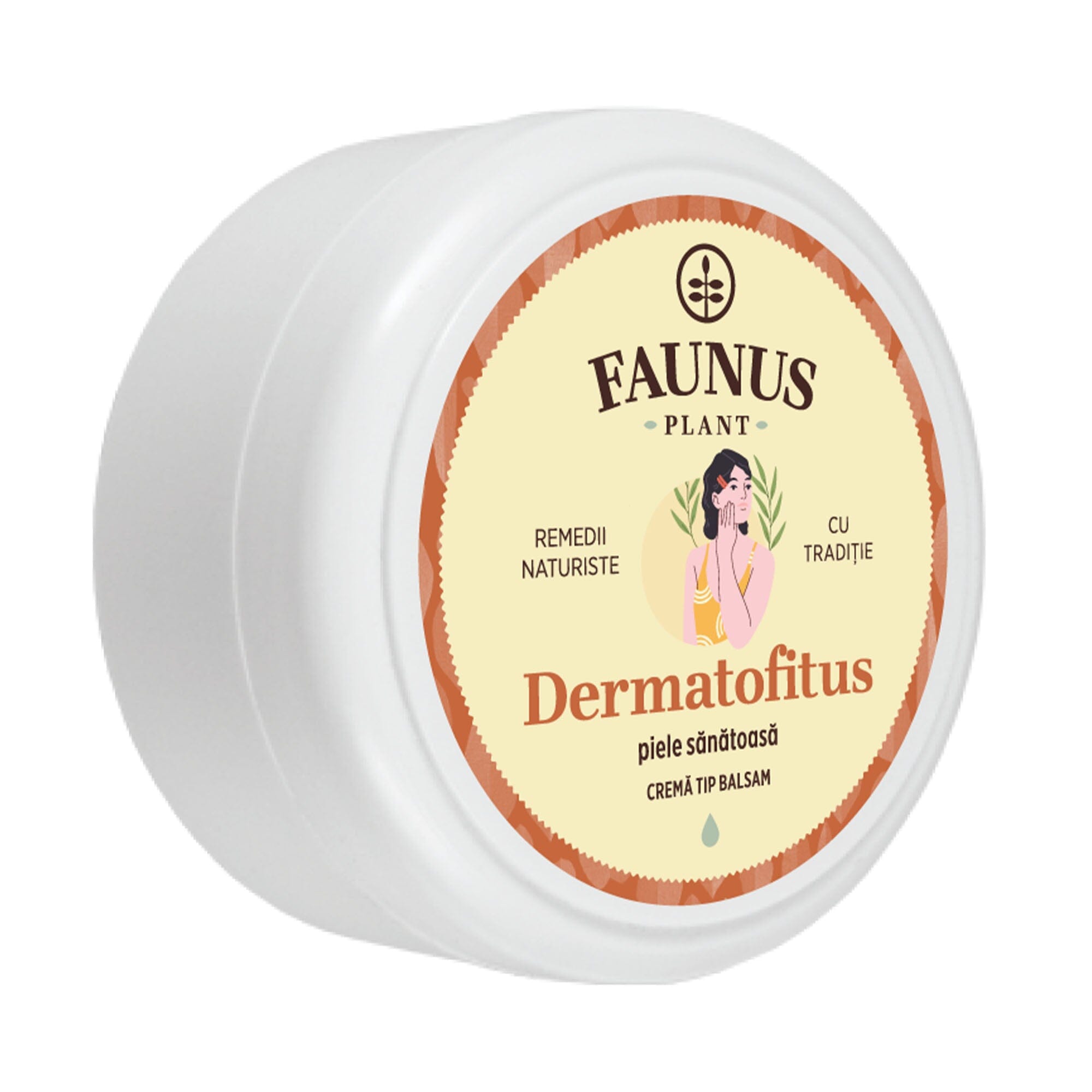 Cutie rotundă de Cremă tip balsam Dermatofitus 100ml de la Faunus Plant, vedere laterală, evidențiind detalii ale etichetei și compoziția naturală a produsului.