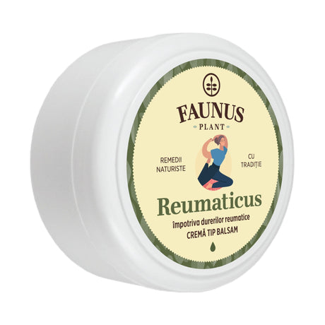 Imagine din lateral cu recipientul Unguentul Reumaticus de 100ml, care are o culoare albă și nu are o etichetă desfășurată.  Se poate observa eticheta frontală, cu logo, denumire și un element grafic reprezentativ care arată o persoană flexibilă.