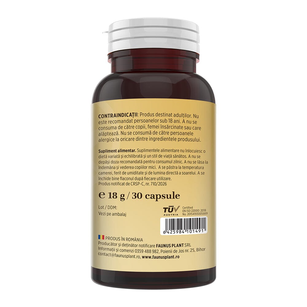 Vedere laterală dreapta a flaconului de capsule Vitamina D3 4000 UI de la Faunus Plant, afișând informații despre precauții, contraindicații, certificarea TUV Austria și cod de bare.