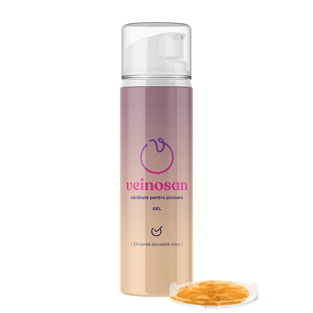 Fotografie de studio a unui flacon de Veinosan Gel 150ml de la Faunus Plant, având alături o mostră de gel într-un capac transparent, plasat pe un fundal alb simplu.