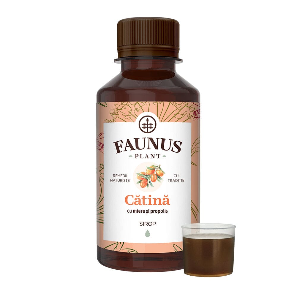 Flacon Sirop Cătină cu Miere și Propolis 200ml de la Faunus Plant alături de capac cu dozator care conține 15ml de sirop.