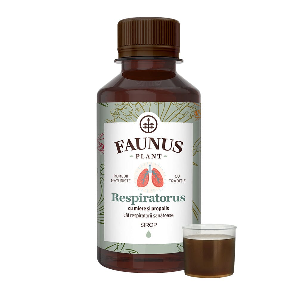 Flacon Sirop Respiratorus cu Miere și Propolis 200ml de la Faunus Plant alături de capac cu dozator care conține 15ml de sirop.