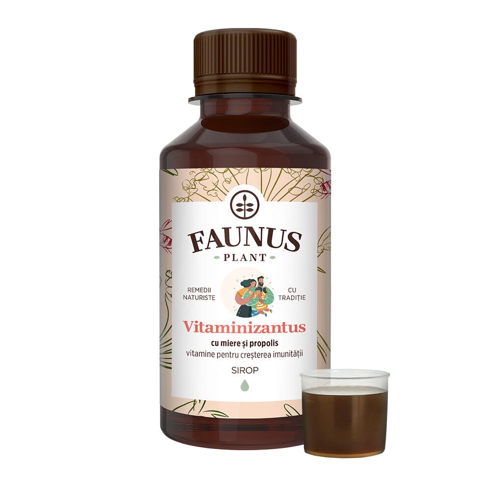 Flacon Sirop Vitaminizantus cu Miere și Propolis 200ml de la Faunus Plant alături de capac cu dozator care conține 15ml de sirop.