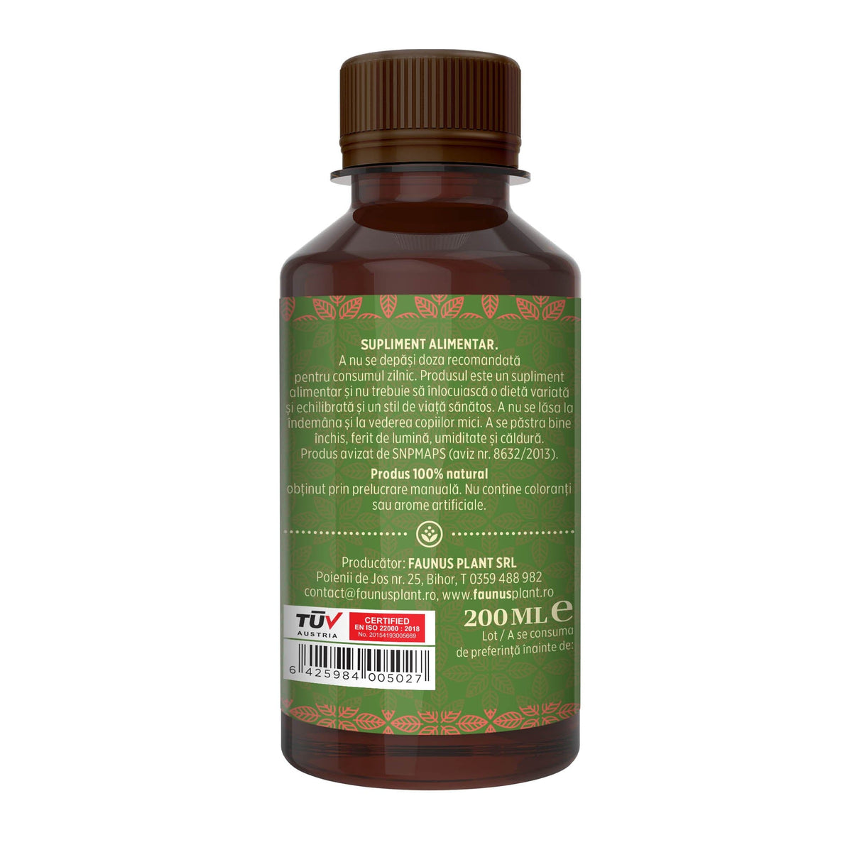 Flacon Sirop Vitaminizantus 200 ml fotografiat din dreapta, cu etichetă verde închis care subliniază atât modul de administrare alături de precauții și atenționări, cât și cod de bare, logo TUV Austria și spațiul pentru data expirării.