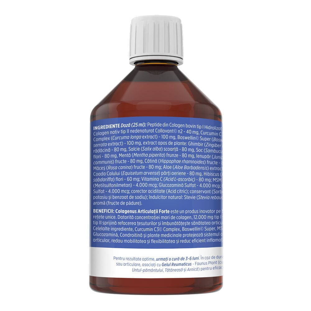 Colagenus Articulații Forte de la Faunus Plant. Etichetă lateral stânga. Listă completă de ingrediente și beneficii explicate. Dedesubt, text cu recomandarea unei cure de 3-6 luni.