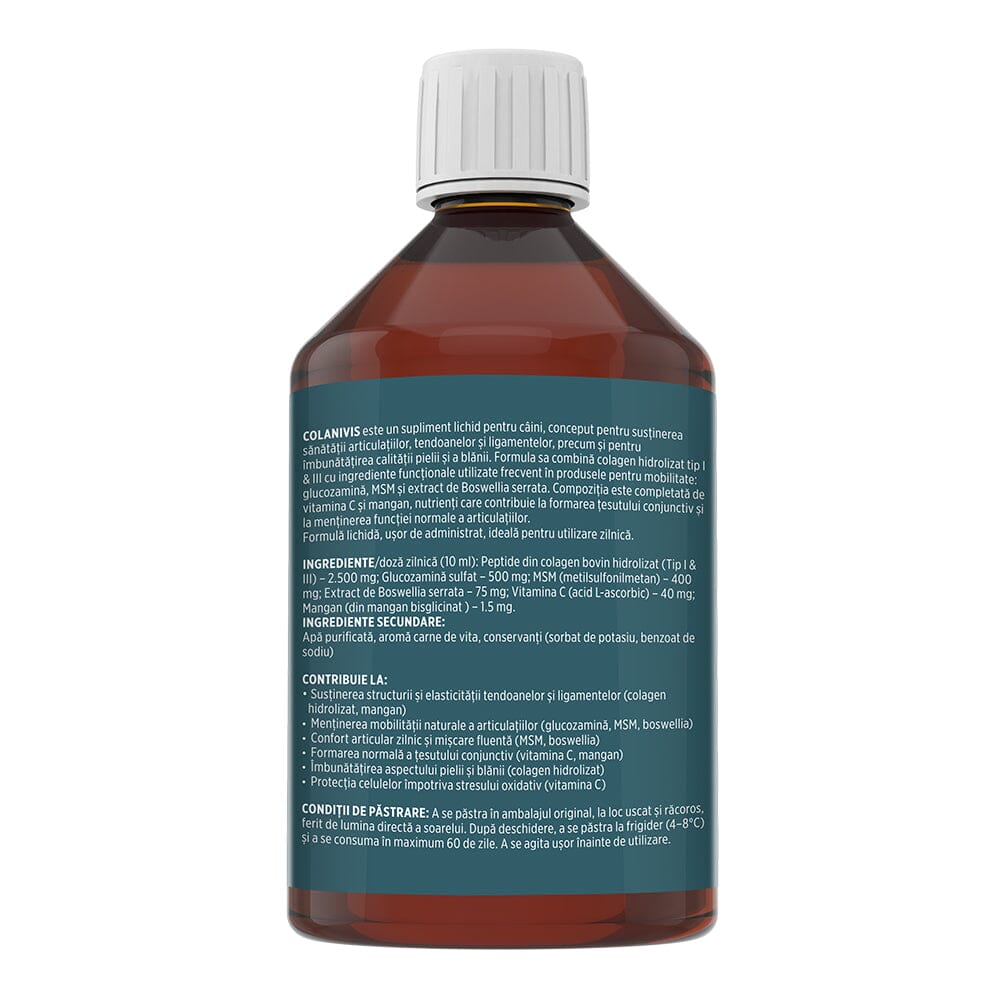 Flacon Colanivis de la Faunus Pets, pe fundal alb, văzut din spate, având pe etichetă vizibile descierea produsului, ingrediente principale și secundare, beneficii și condiții de păstrare.
