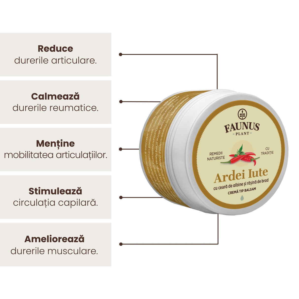Infografic care evidențiază beneficiile produsului Unguent Ardei Iute: reduce durerile articulare, calmează durerile reumatice, menține mobilitatea articulațiilor, stimulează circulația capilară, ameliorează durerile musculare. Include o imagine cu produsul în lateral.