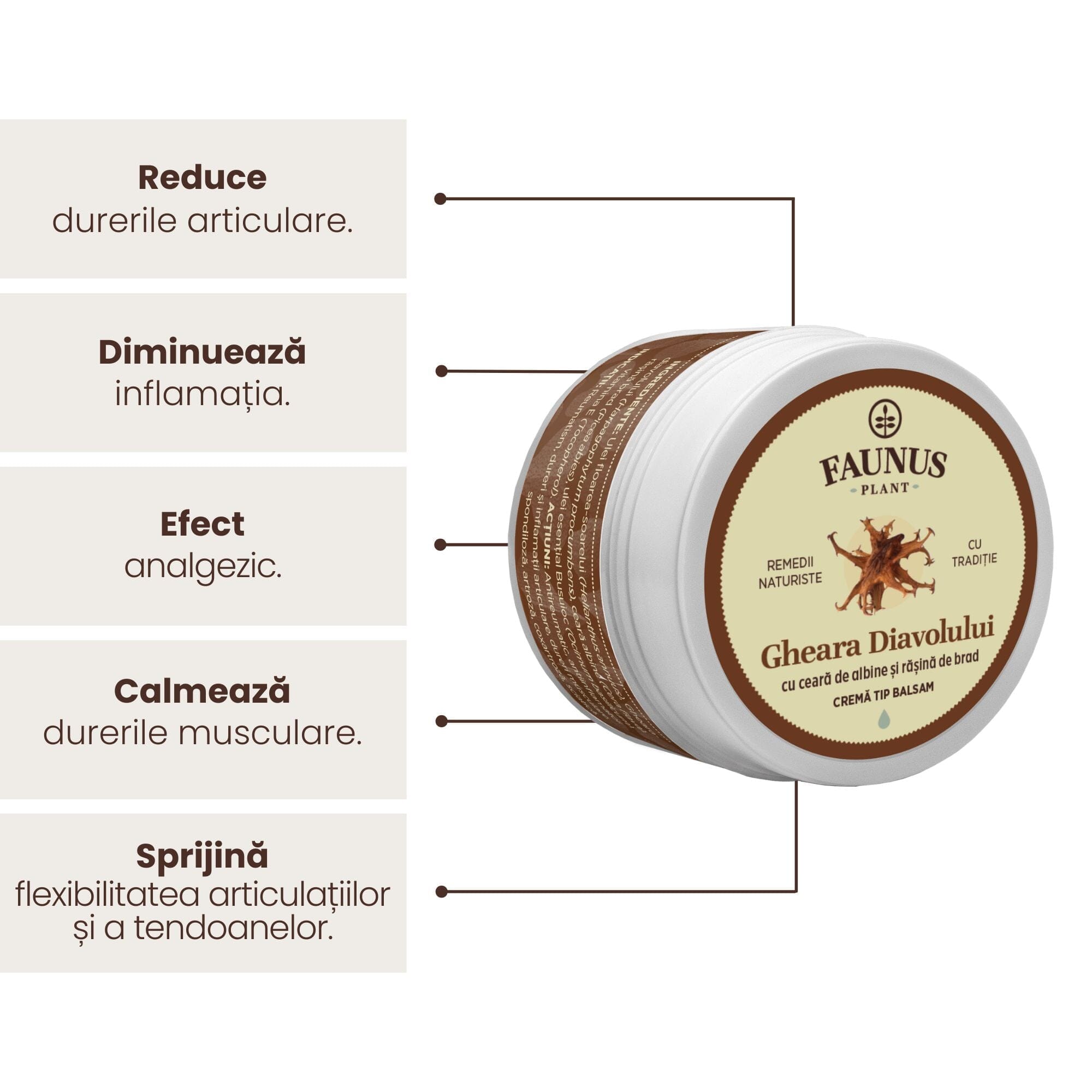 Grafică explicativă a beneficiilor Unguent Gheara Diavolului 50ml de la Faunus Plant. Beneficii: reduce durerile articulare, diminuează inflamația, efect analgezic, calmează durerile musculare, sprijină flexibilitatea articulațiilor și a tendoanelor. Imaginea include cutia produsului în prim-plan.