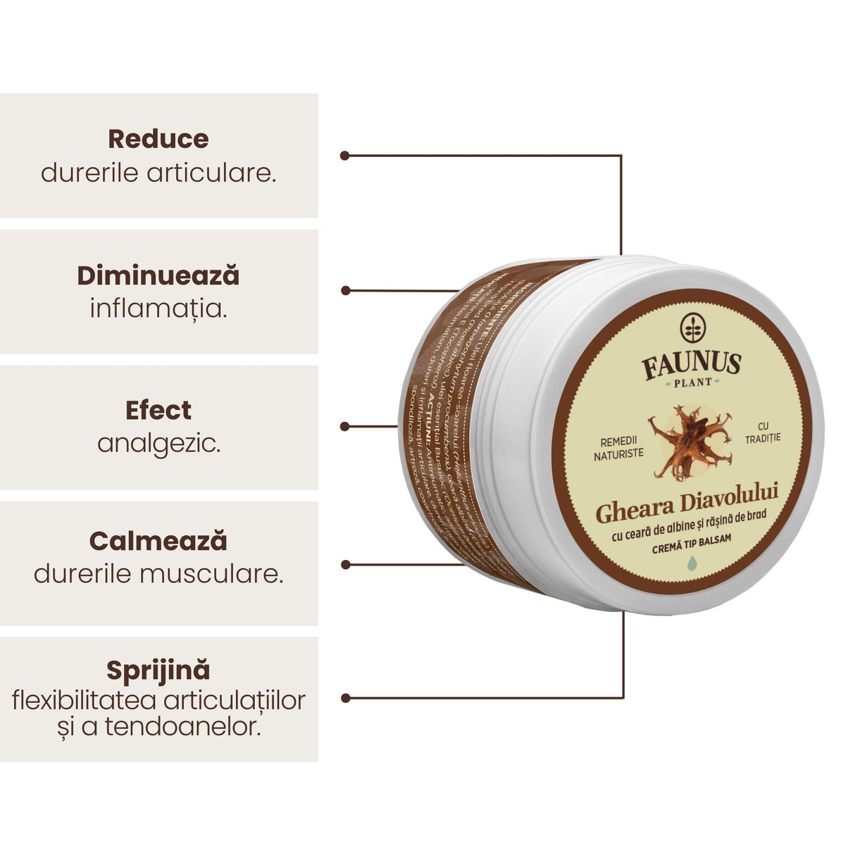 Grafică explicativă a beneficiilor Unguent Gheara Diavolului 50ml de la Faunus Plant. Beneficii: reduce durerile articulare, diminuează inflamația, efect analgezic, calmează durerile musculare, sprijină flexibilitatea articulațiilor și a tendoanelor. Imaginea include cutia produsului în prim-plan.