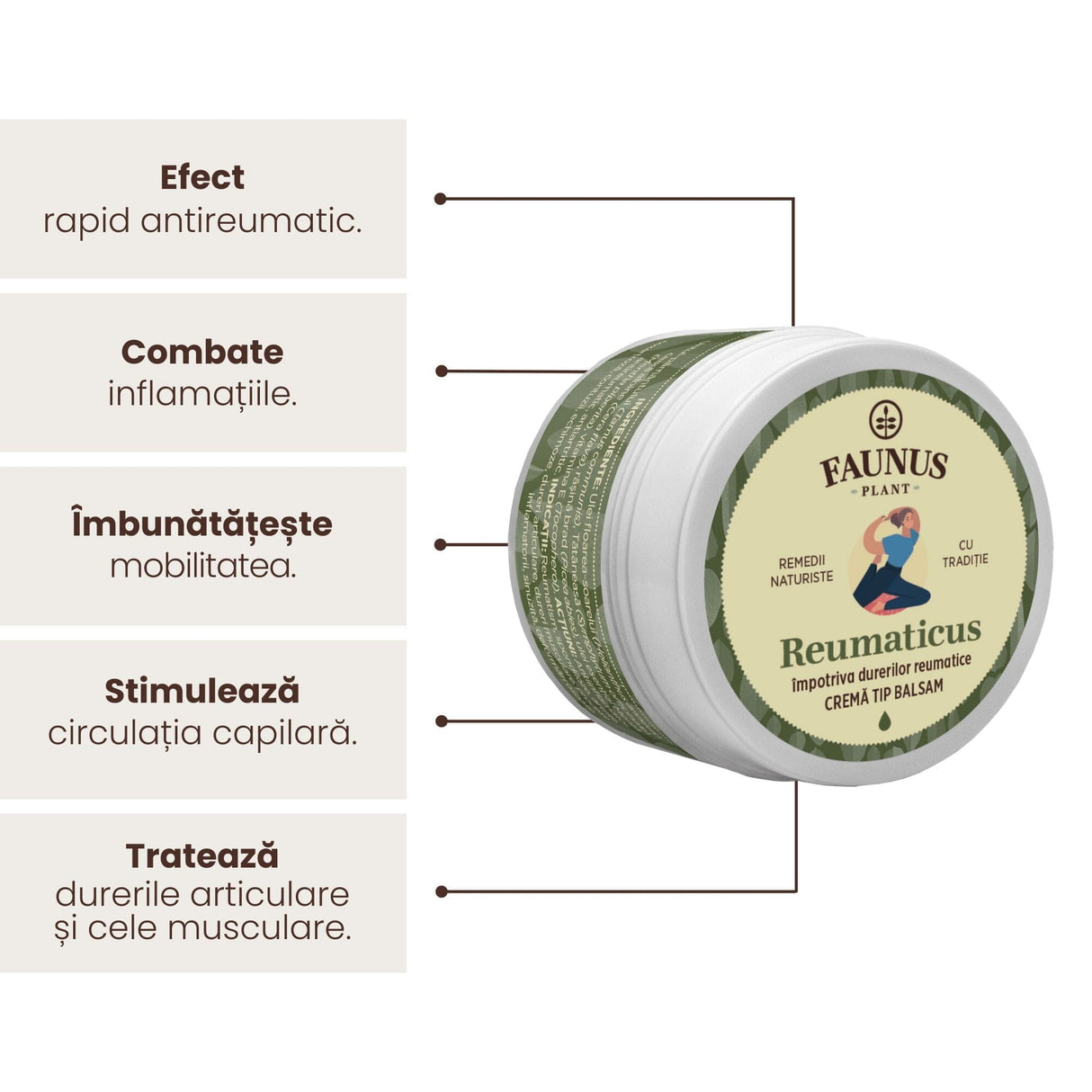 Imagine grafică care evidențiază beneficiile Unguentului Reumaticus 50 ml de la Faunus Plant, inclusiv faptul că are efect antireumatic, combate inflamațiile, îmbunătățește mobilitatea, stimulează circulația capilară și tratează durerile articulare și cele musculare.